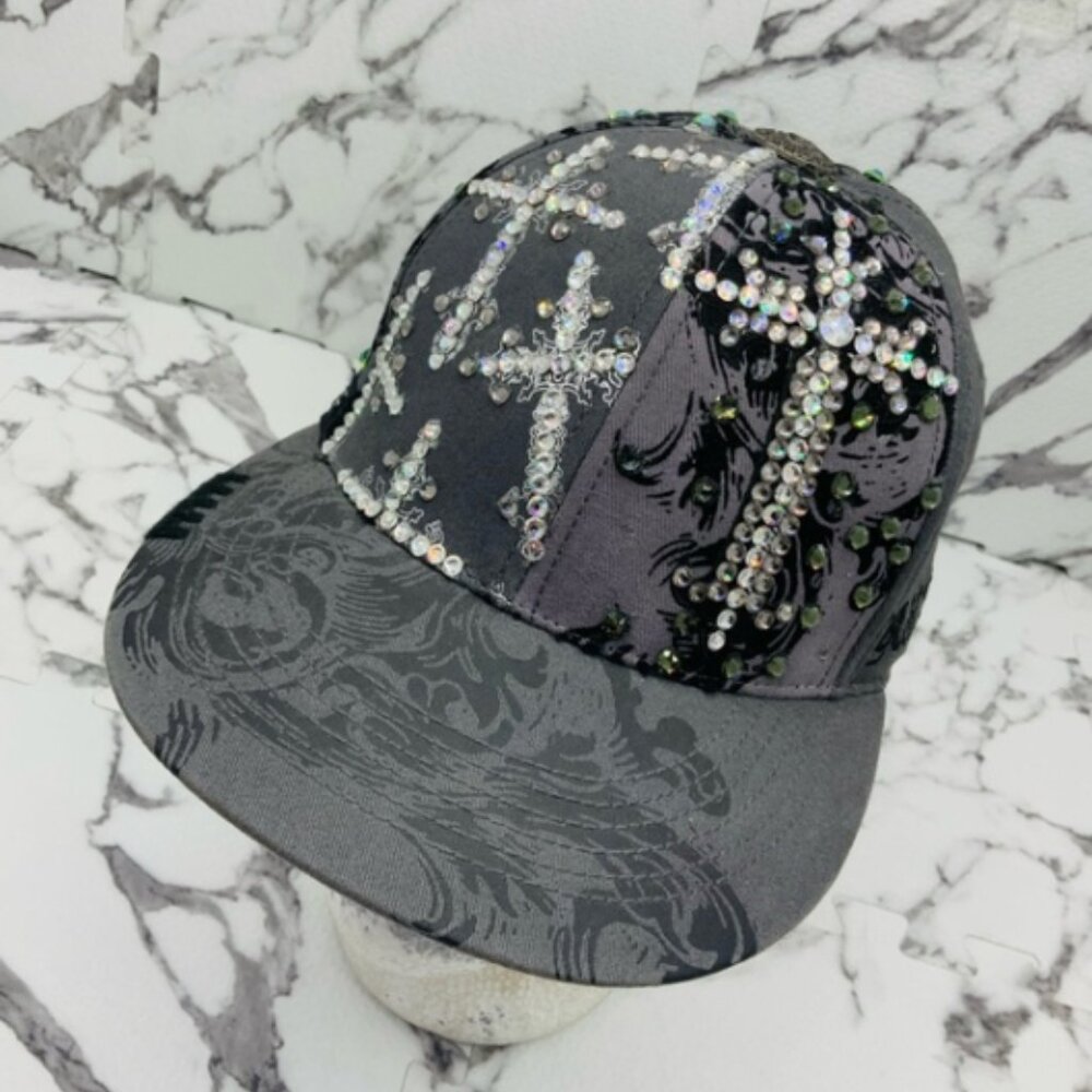 Men's Rebel Spirit Grey | Silver | Black Rhinestones Crosses Flex Fit Hat NWT